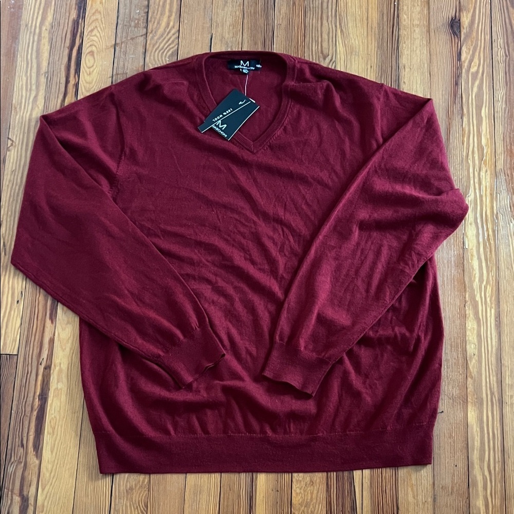 MAGASCHONI Men's XL/T 100% Wool V-Neck Sweater Pullover Dark Red Holiday NWT - Picture 3 of 7